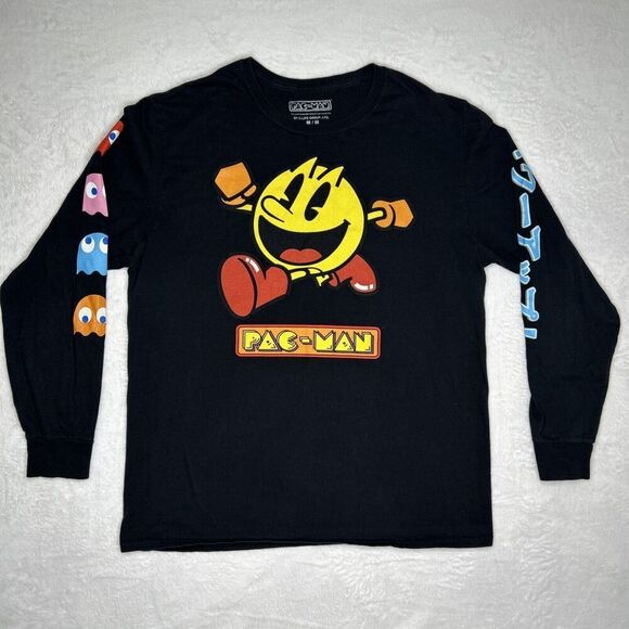 Pac-Man Black Graphic Print Long Sleeve T-shirt Medium - Picture 1 of 8